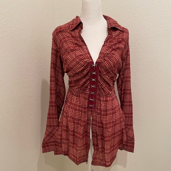 Free People Tops - NWT Womens Size XS We The Free By Free People Shirt Dress Plaid Button Up Red‌‌‍